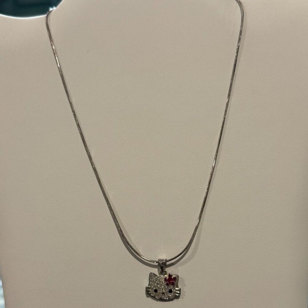 Vintage Sanrio Hello Kitty Pavé Face Pendant – Silver Snake Chain